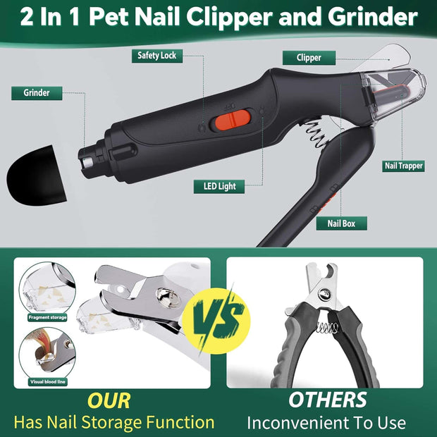 2-in-1 Rechargeable Pet Nail Clippers & Grinder with LED Light