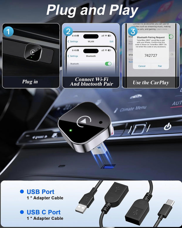 2025 Upgraded Mini Wireless CarPlay & Android Auto Adapter (2-in-1, Black)