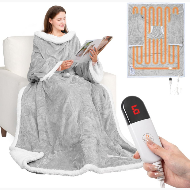 Wearable Heated Blanket with Sleeves & Foot Pocket – Electric Throw