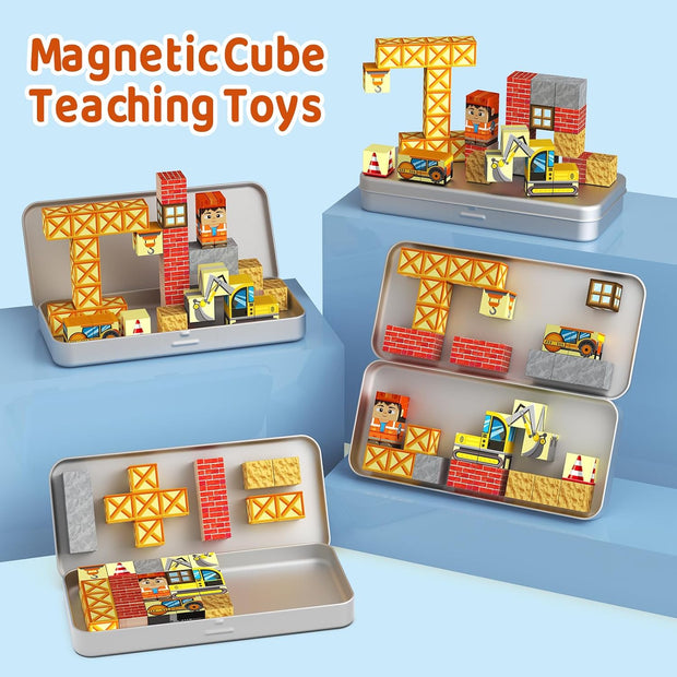 Magnetic Building Blocks with Magnetic Box – 35 Pcs Magnetic Cubes Travel Construction Toy for Kids