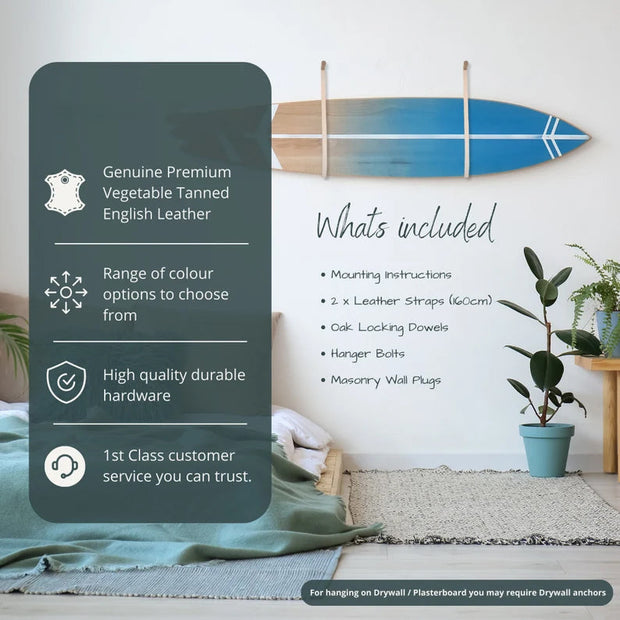 Surfboard Wall Mount Rack – Handmade Oak & Leather Surfboard Holder
