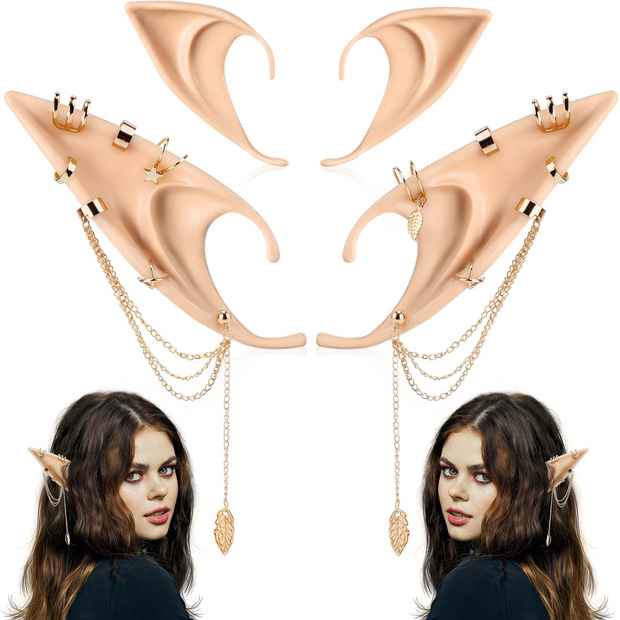 Elf Ear Accessory Set – 2 Pairs of Fairy Ears with Non-Pierced Pearl Earrings